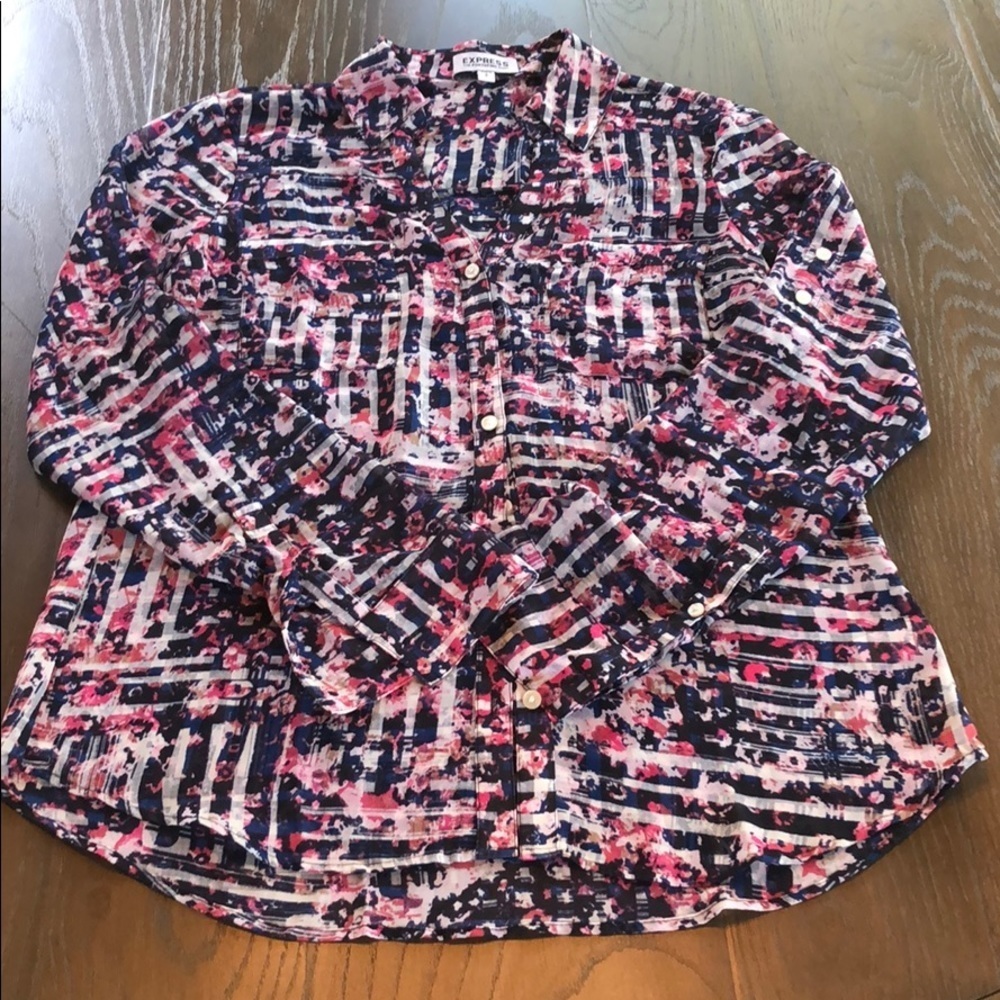 Express Portofino Shirt Small Pink/Blk/Blue Print